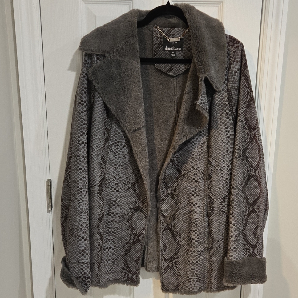 Size S - Dennis Basso Gray Snake-Print Faux Shearling Jacket